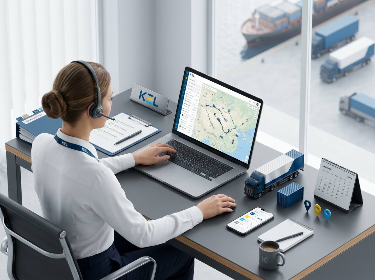 Специалист отдела перевозок работает за ноутбуком и координирует доставку